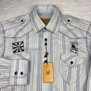 Enzo Denim Mens L White Striped Shirt Embroidered Button Up NWT Long Sleeve